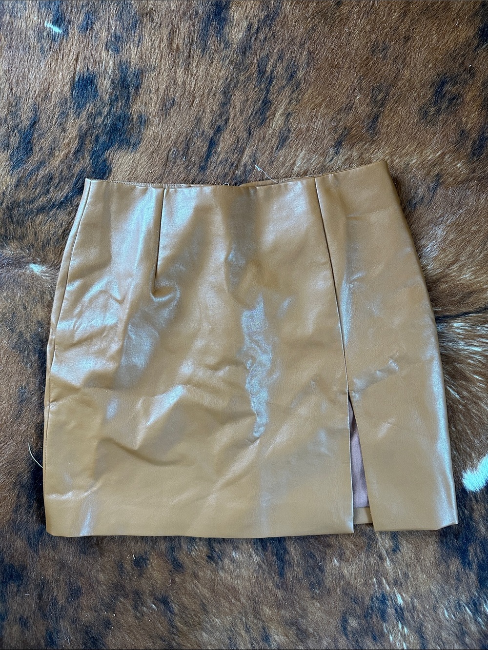 Forever 21 Camel Faux Leather Mini Skirt with Front Slit
